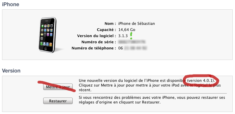 capture d'écran de iTunes montrant le numéro de version de l'iPhone